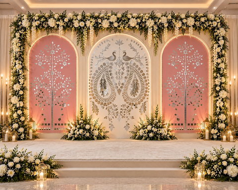 Luxury Mirror Work Wedding Stage Backdrop-BAPS-13