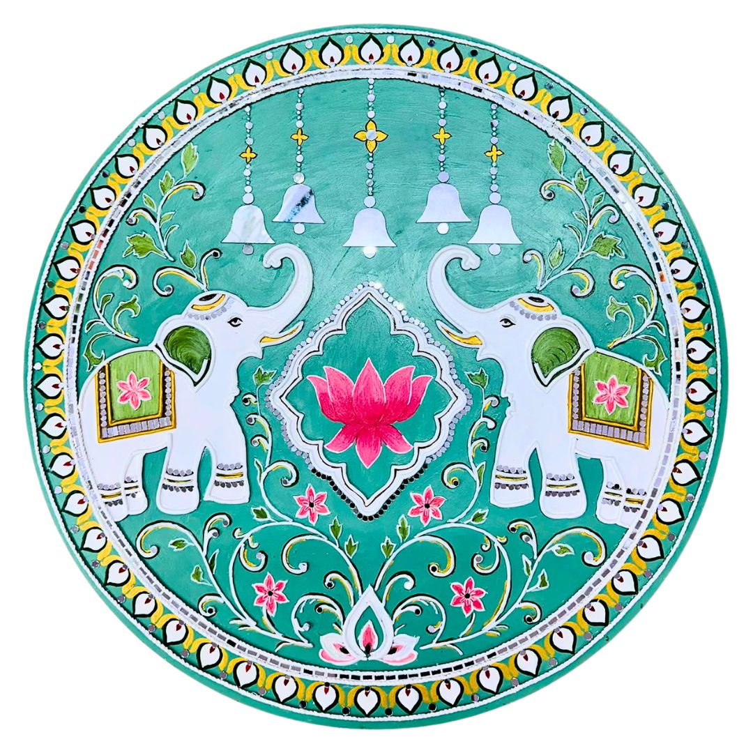 Elephant Lotus & Hanging Bell Round Mirror Work Panel (Ready Piece) - BAPS-44