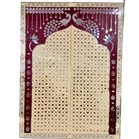 Peacock & Lotus Arch Mirror Work MDF Backdrop (Ready Piece) - BAPS-74
