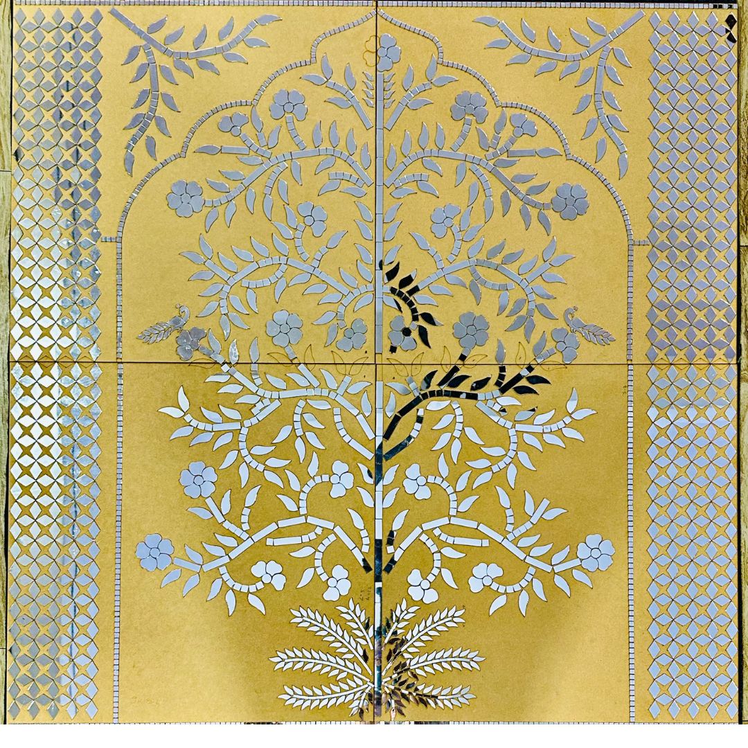 Ready Floral Tree Mirror Work Wall Panel with Geometric Border (Ready Piece) 5 * 5 feet- BAPS-77