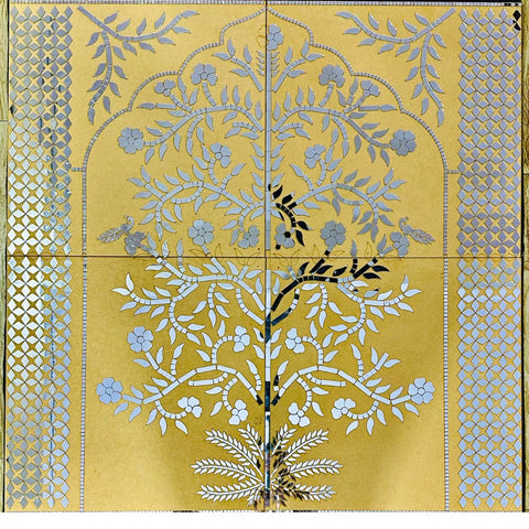 Ready Floral Tree Mirror Work Wall Panel with Geometric Border (Ready Piece) 5 * 5 feet- BAPS-77