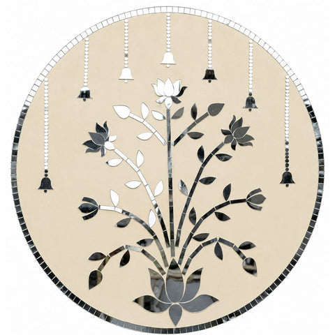 Round Floral Mirror Work Wall Art – Lotus & Hanging Bell Design (Ready Piece)3 FEET - BAPS-82