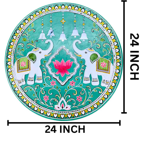 Elephant Lotus & Hanging Bell Round Mirror Work Panel (Ready Piece) - BAPS-44