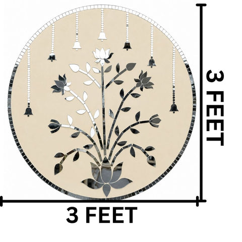 Round Floral Mirror Work Wall Art – Lotus & Hanging Bell Design (Ready Piece)3 FEET - BAPS-82