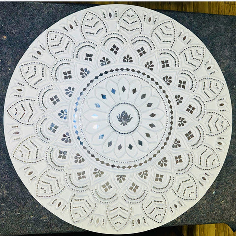 White Round Mandala Wall Decor Ready Piece with Mirror Work- BAPS-8