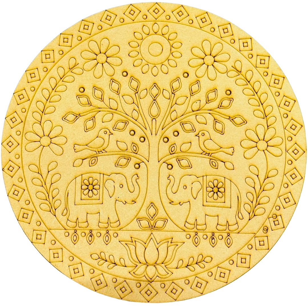 Round Tree with Elephant & Bird MDF Base for Lippan Art (With Mirror) -828