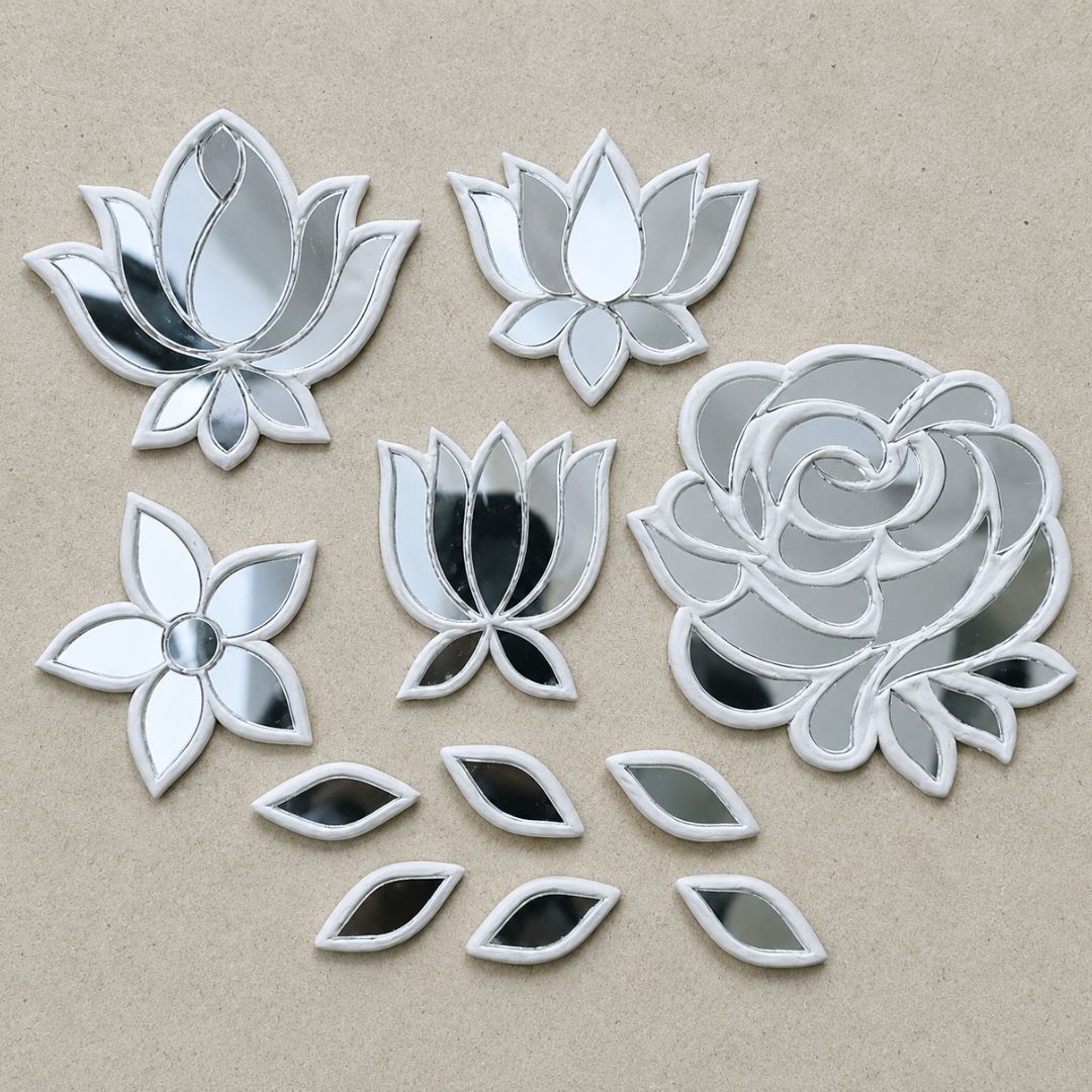 6 Mix Shape Handmade Clay Mirror Pieces Set – Rose, Lotus, Flower, & Leaf Shapes for Lippan Art - 819