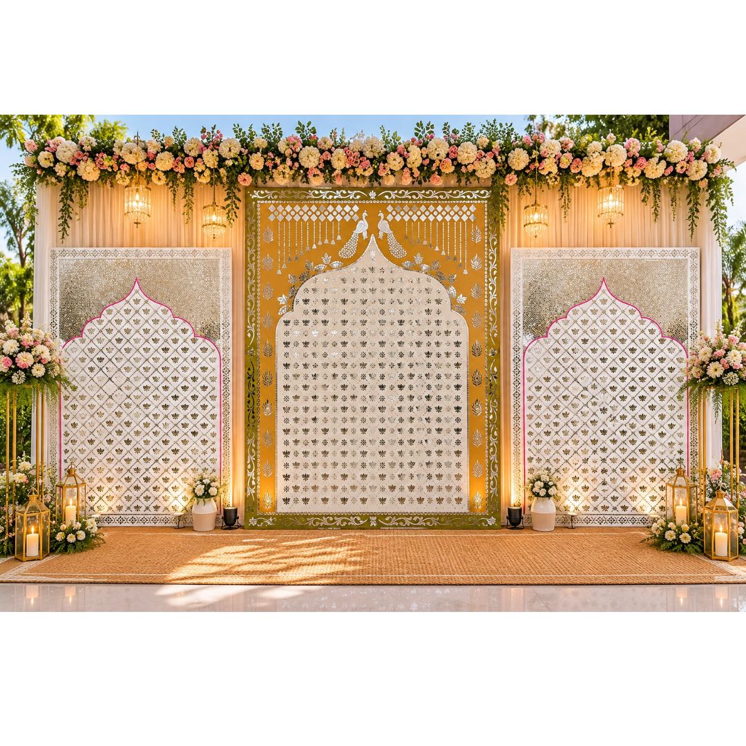 3 Panel Fancy Lotus Mirror Stage Backdrop with Peacock & Lotus Design - BAPS 16