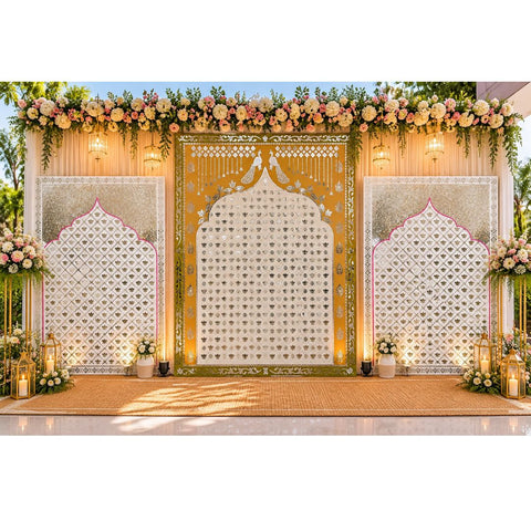 3 Panel Fancy Lotus Mirror Stage Backdrop with Peacock & Lotus Design - BAPS 16