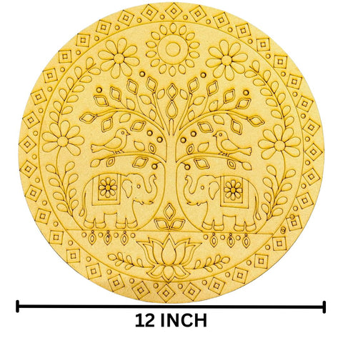 Round Tree with Elephant & Bird MDF Base for Lippan Art (With Mirror) -828