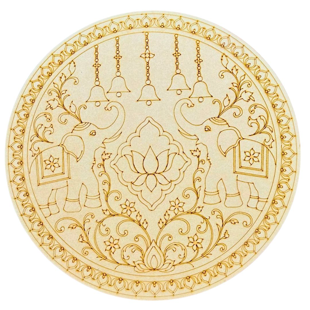 Round Elephant Lotus MDF Base for Lippan Art & Mirror Work (With Mirror) - 829