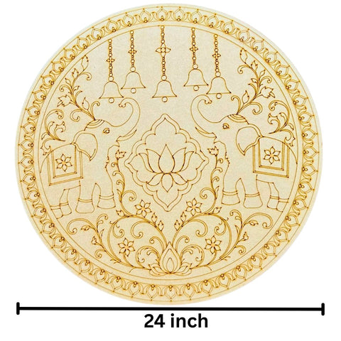 Round Elephant Lotus MDF Base for Lippan Art & Mirror Work (With Mirror) - 829