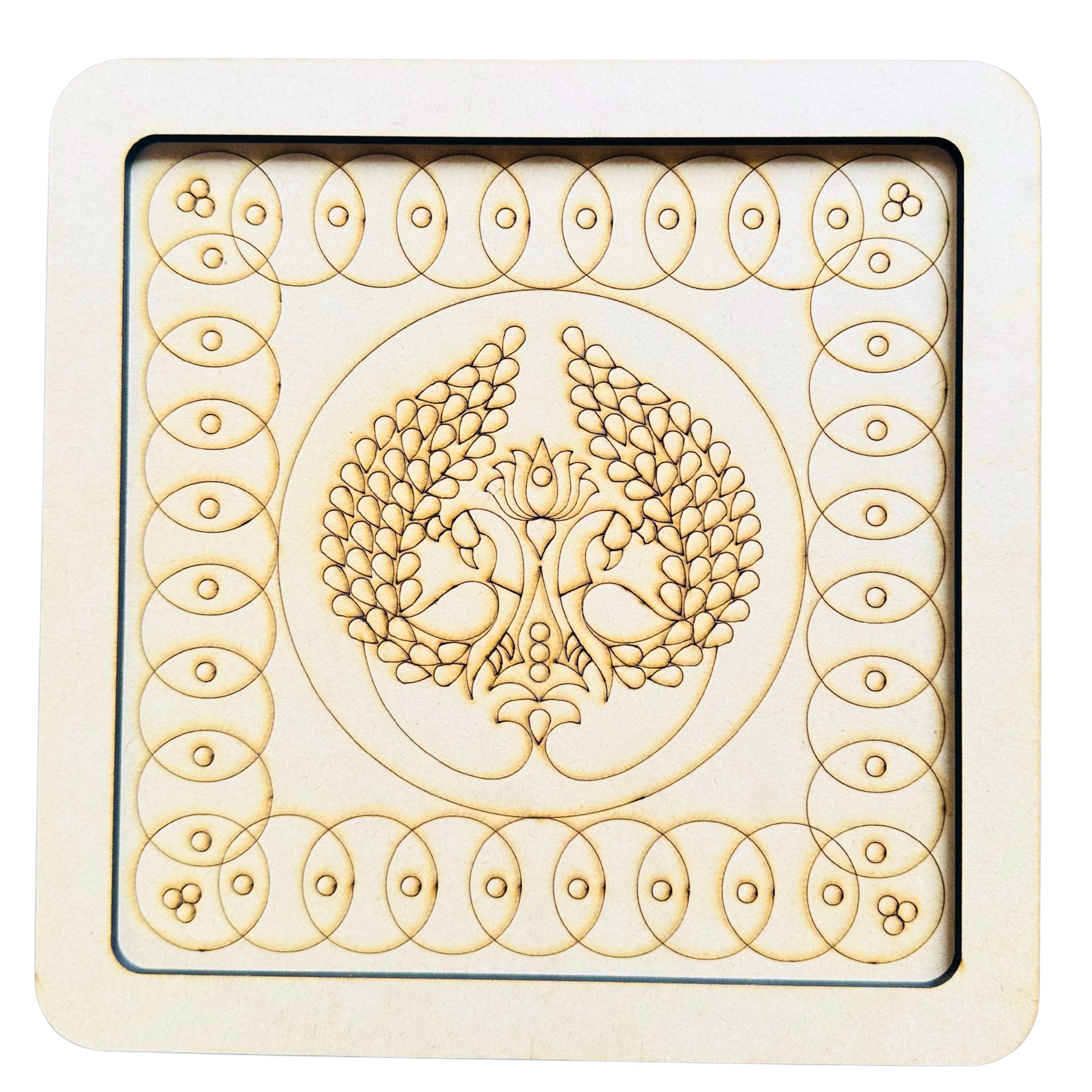 Square premarked MDF board with peacock and floral center design, decorative craft base for Lippan art, mirror work and traditional DIY wall decor.