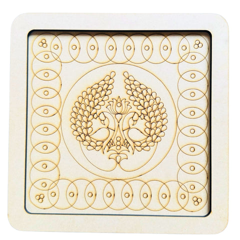 Square premarked MDF board with peacock and floral center design, decorative craft base for Lippan art, mirror work and traditional DIY wall decor.