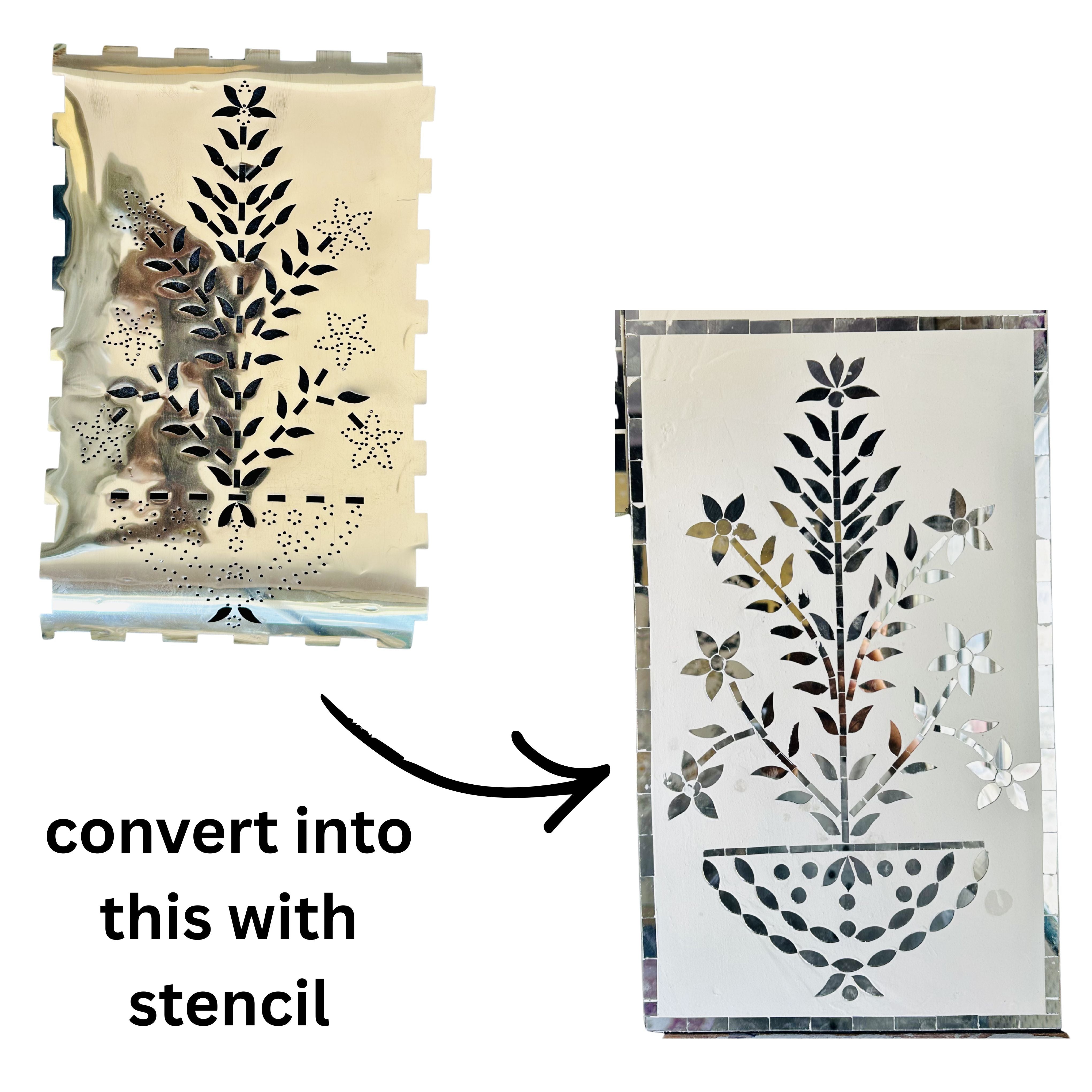 Elegant floral mirror wall panel with handcrafted vase design and intricate silver mirror flower detailing.
