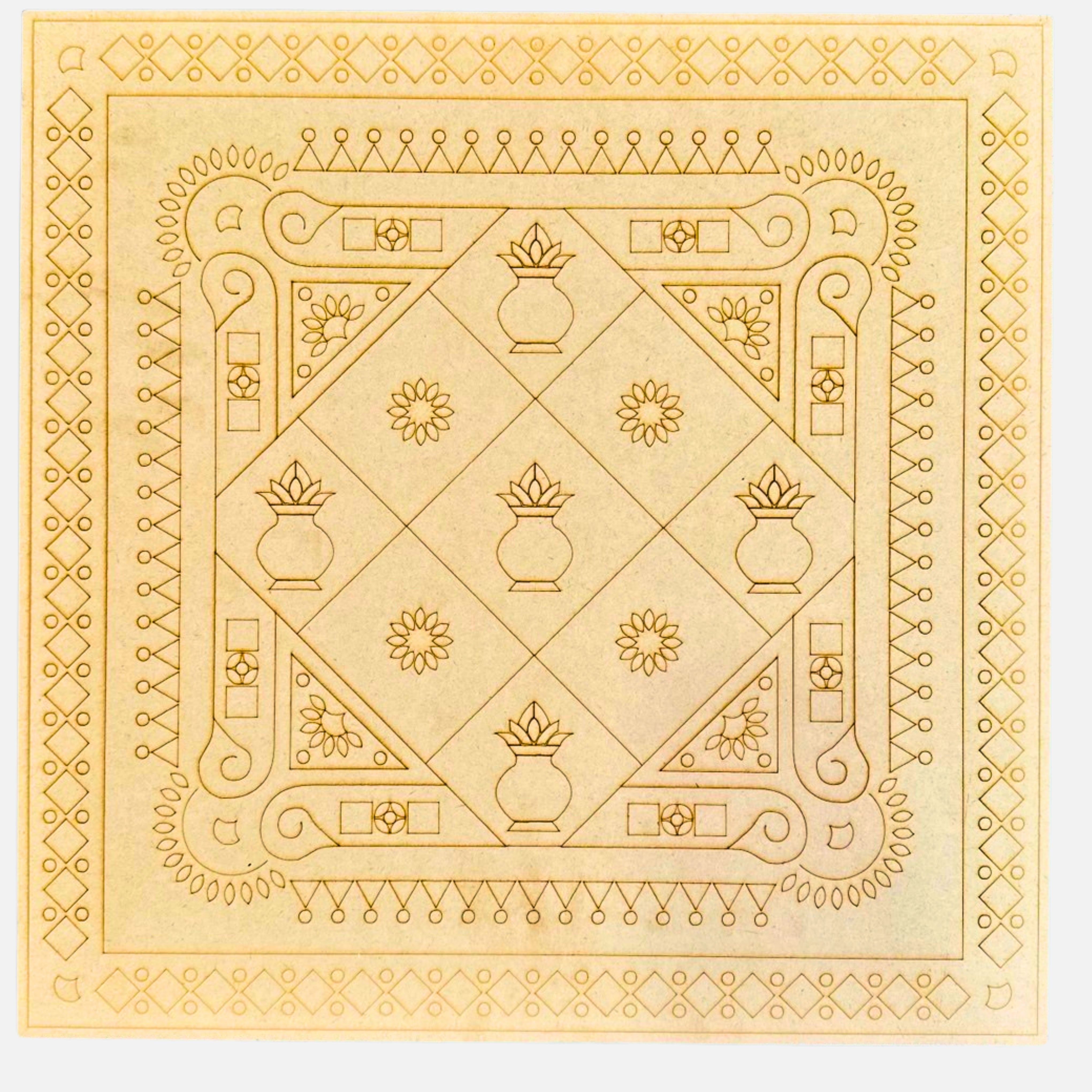 Premarked MDF rangoli board with traditional kalash, floral, and geometric border design for Lippan art and festive decoration projects.