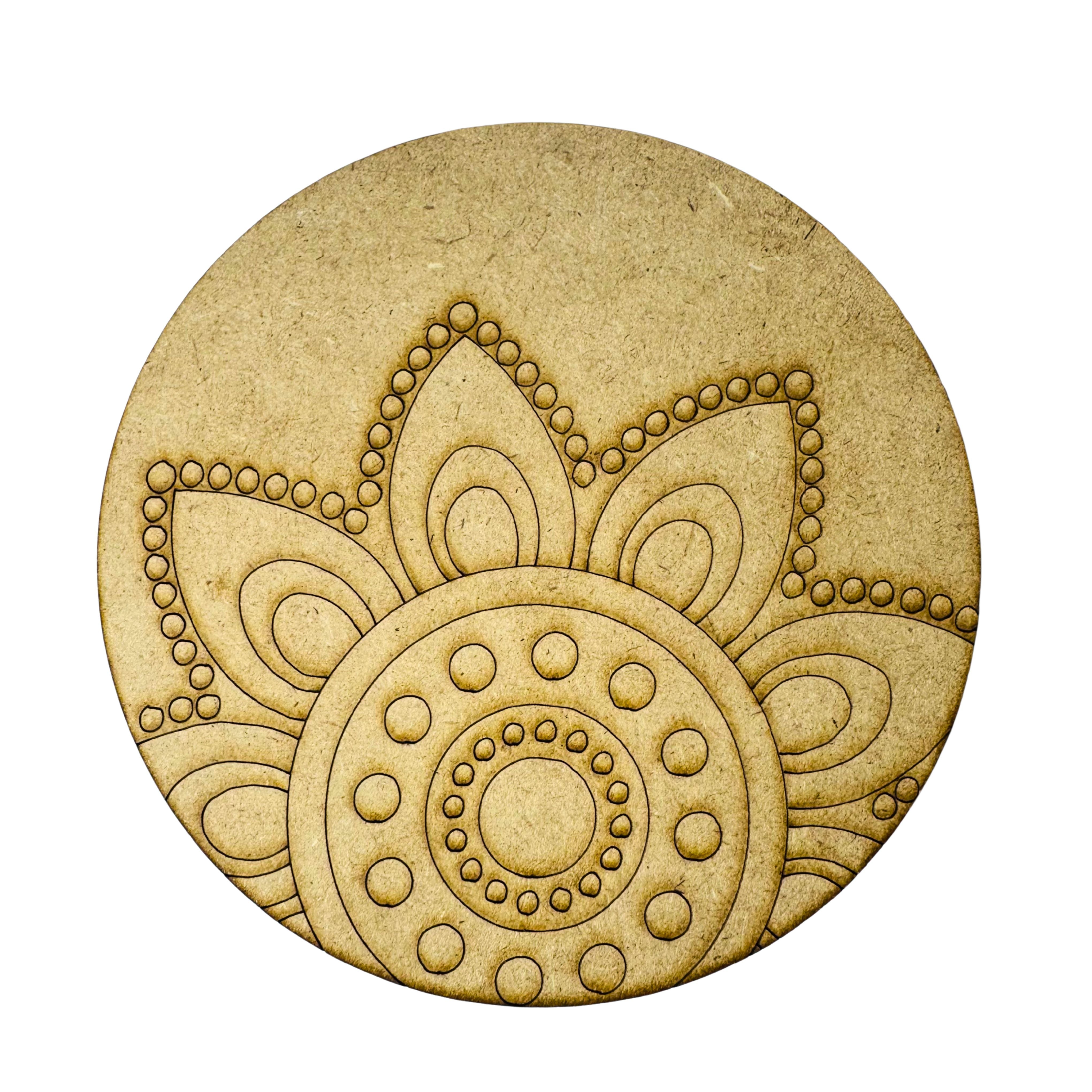 Premarked round MDF board with floral mandala design for Lippan art, mirror work, DIY painting, and wall decoration projects.