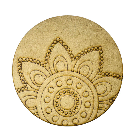Premarked round MDF board with floral mandala design for Lippan art, mirror work, DIY painting, and wall decoration projects.