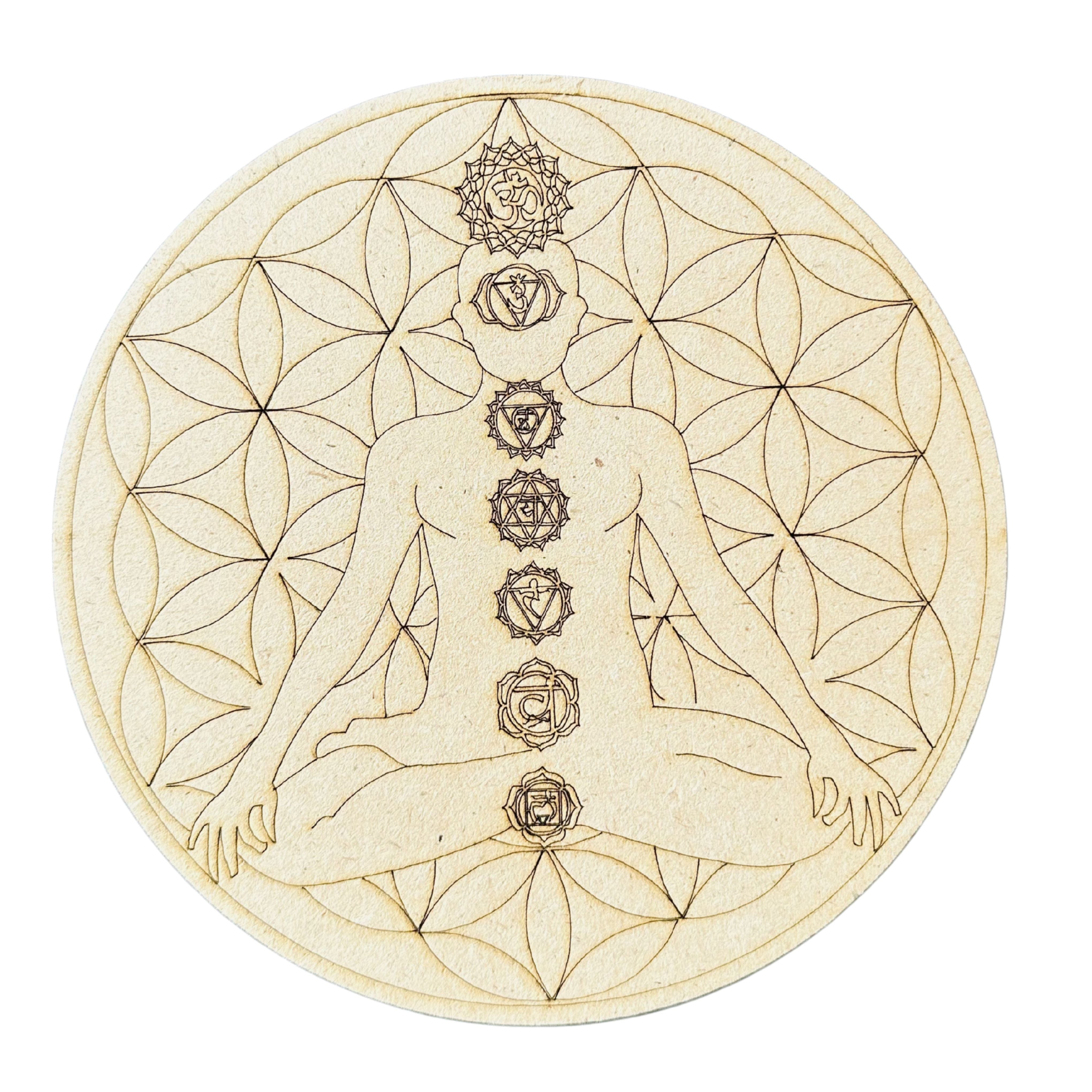 Premarked round MDF board with chakra meditation design for Lippan art, mandala work, and DIY wall décor projects.