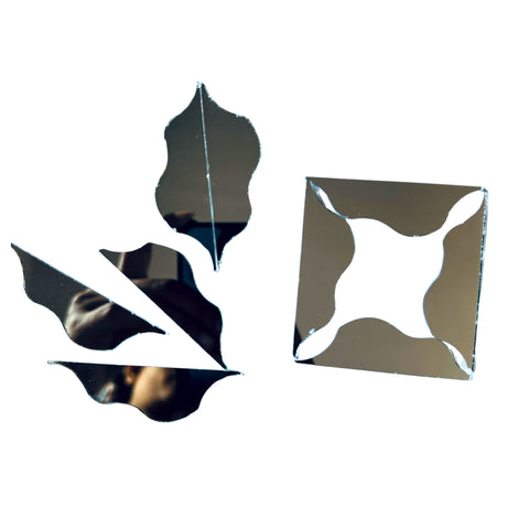 Designer silver craft mirror pieces used for Lippan art, geometric patterns, floral mirror work, and DIY decoration projects.