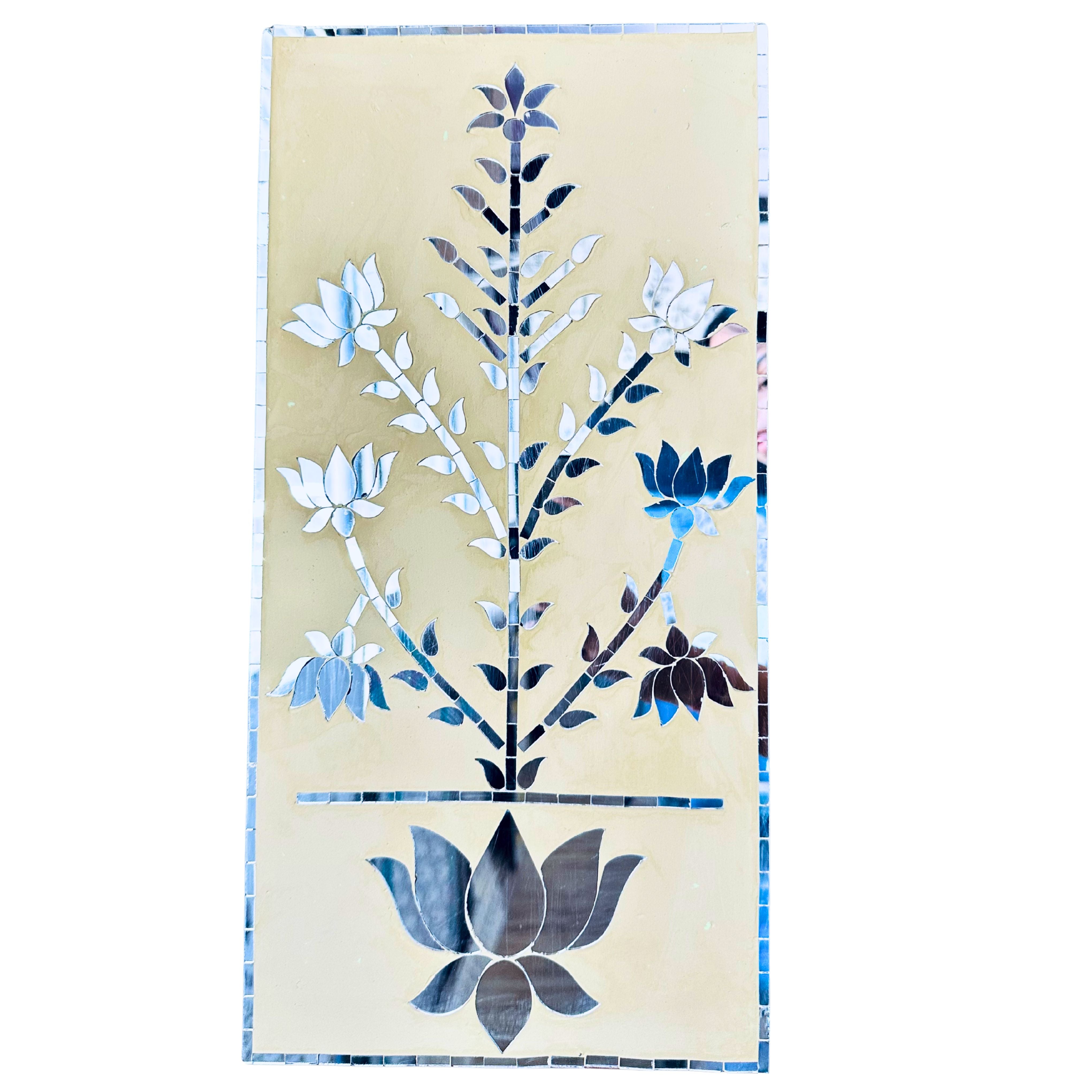 Premarked MDF jharokha panel with hanging bell design for Lippan art, featuring lotus patterns and mirror work base, ideal for DIY wall decor and traditional craft projects