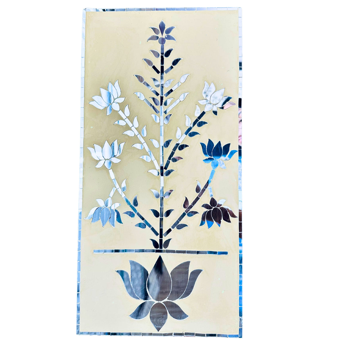 Premarked MDF jharokha panel with hanging bell design for Lippan art, featuring lotus patterns and mirror work base, ideal for DIY wall decor and traditional craft projects