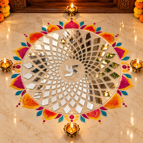 Ready to Use Round Mirror Rangoli on Transparent Sheet – Geometric Silver Mirror Design for Home & Festive decor ST-98