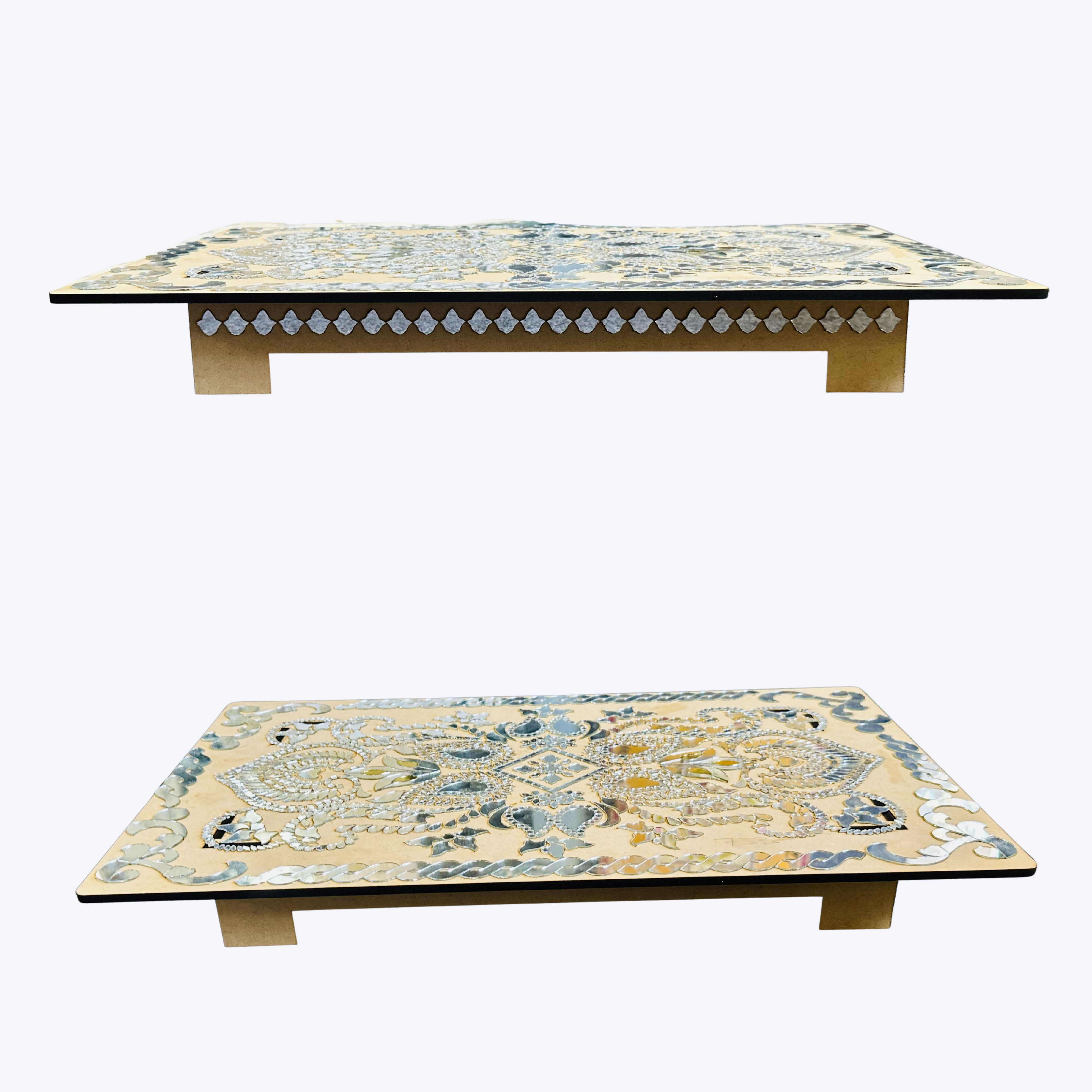 Decorative MDF chowki platform with intricate mirror work and traditional floral design, handcrafted wooden base for pooja setup, festive decoration, and Ganpati display.