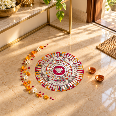 10 Inch Ready Made Round Mirror Rangoli on Transparent Sheet – Silver Mirror Work for Festive & Home Décor st-99