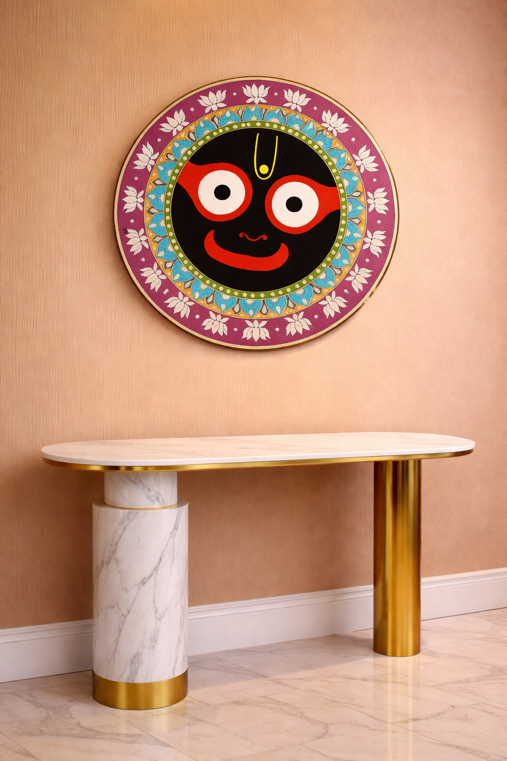 Round Jagannath face MDF design board with lotus border pattern, decorative premarked wooden base for Lippan art, mandala work and festive DIY décor projects.