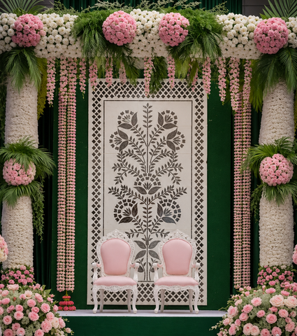 Elegant floral mirror wall panel with intricate silver mirror artwork and decorative geometric border detailing.
