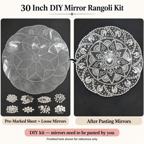 30 Inch DIY Mirror Rangoli Kit with Pre-Marked Transparent Sheet & Matching Mirror Pieces – Round Peacock Design