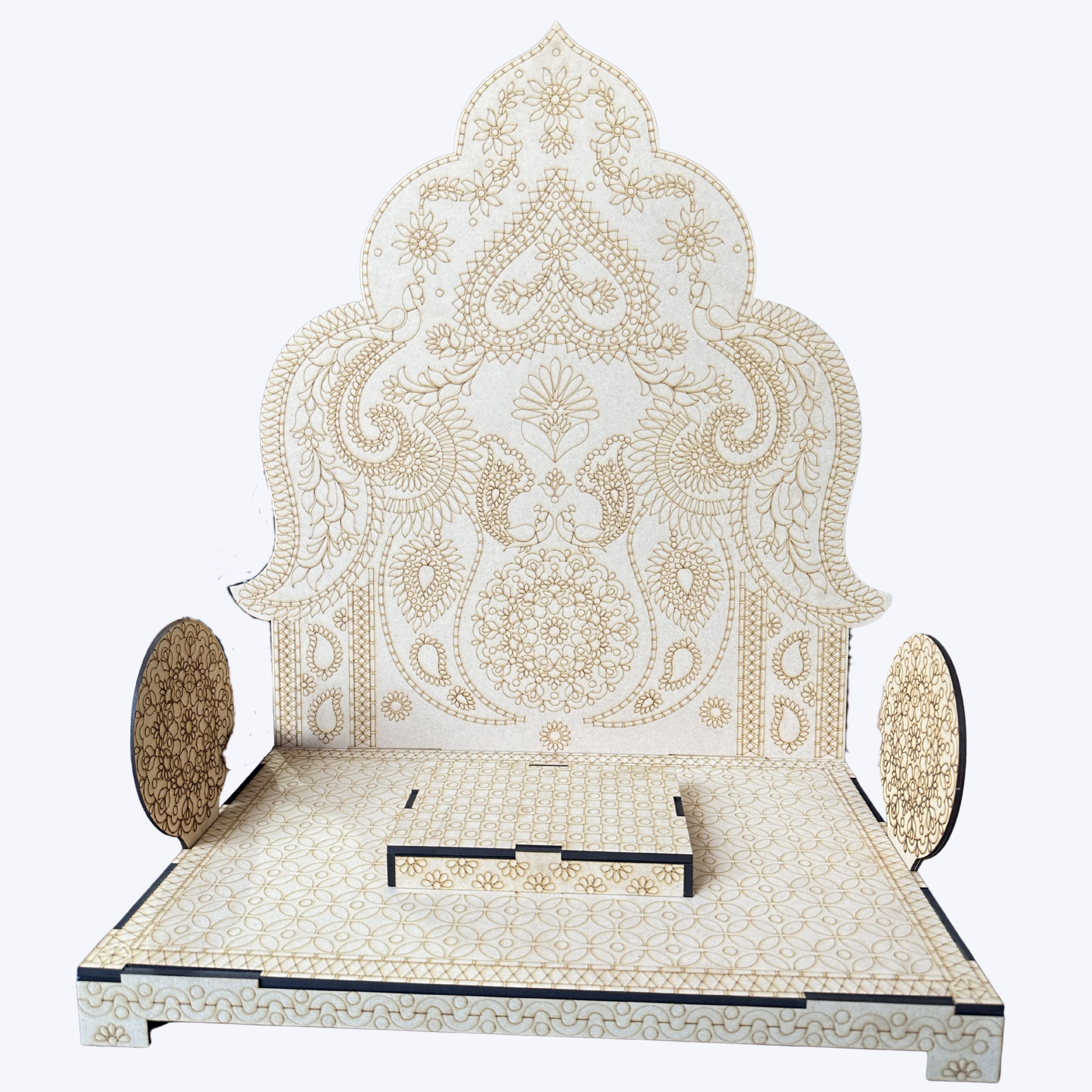Premarked MDF chowki and backdrop set with detailed floral and paisley engraving design, decorative wooden platform for Ganpati decoration, pooja setup, and traditional festive décor.