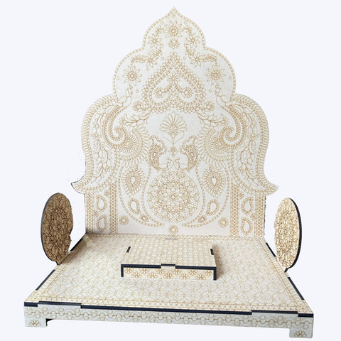 Premarked MDF chowki and backdrop set with detailed floral and paisley engraving design, decorative wooden platform for Ganpati decoration, pooja setup, and traditional festive décor.