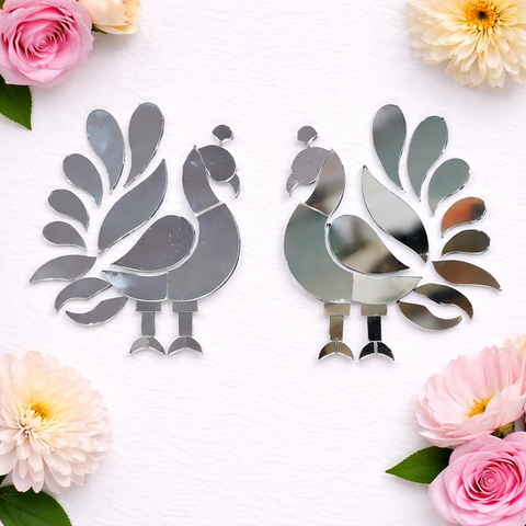 Peacock shape silver mirror design for Lippan art, wall decoration, mirror work crafts, and traditional DIY art projects.