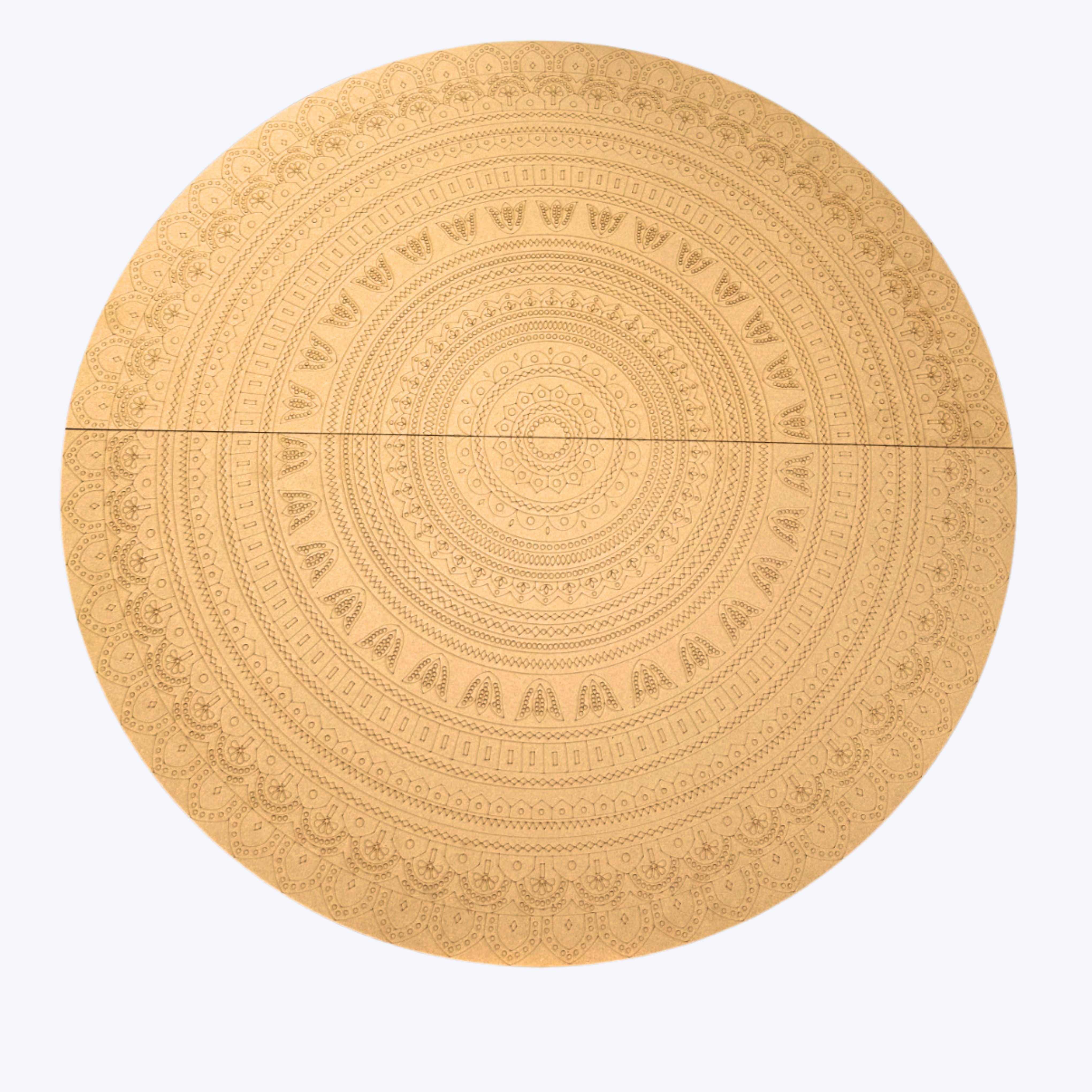 Round premarked MDF mandala board with intricate circular floral and geometric engraving design for Lippan art, dot painting, and DIY décor projects.