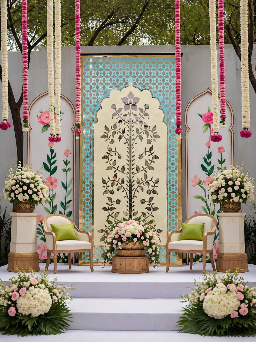 Elegant floral mirror wall panel with intricate silver mirror artwork and decorative blue geometric border detailing.
