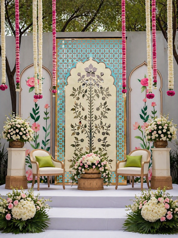 Elegant floral mirror wall panel with intricate silver mirror artwork and decorative blue geometric border detailing.
