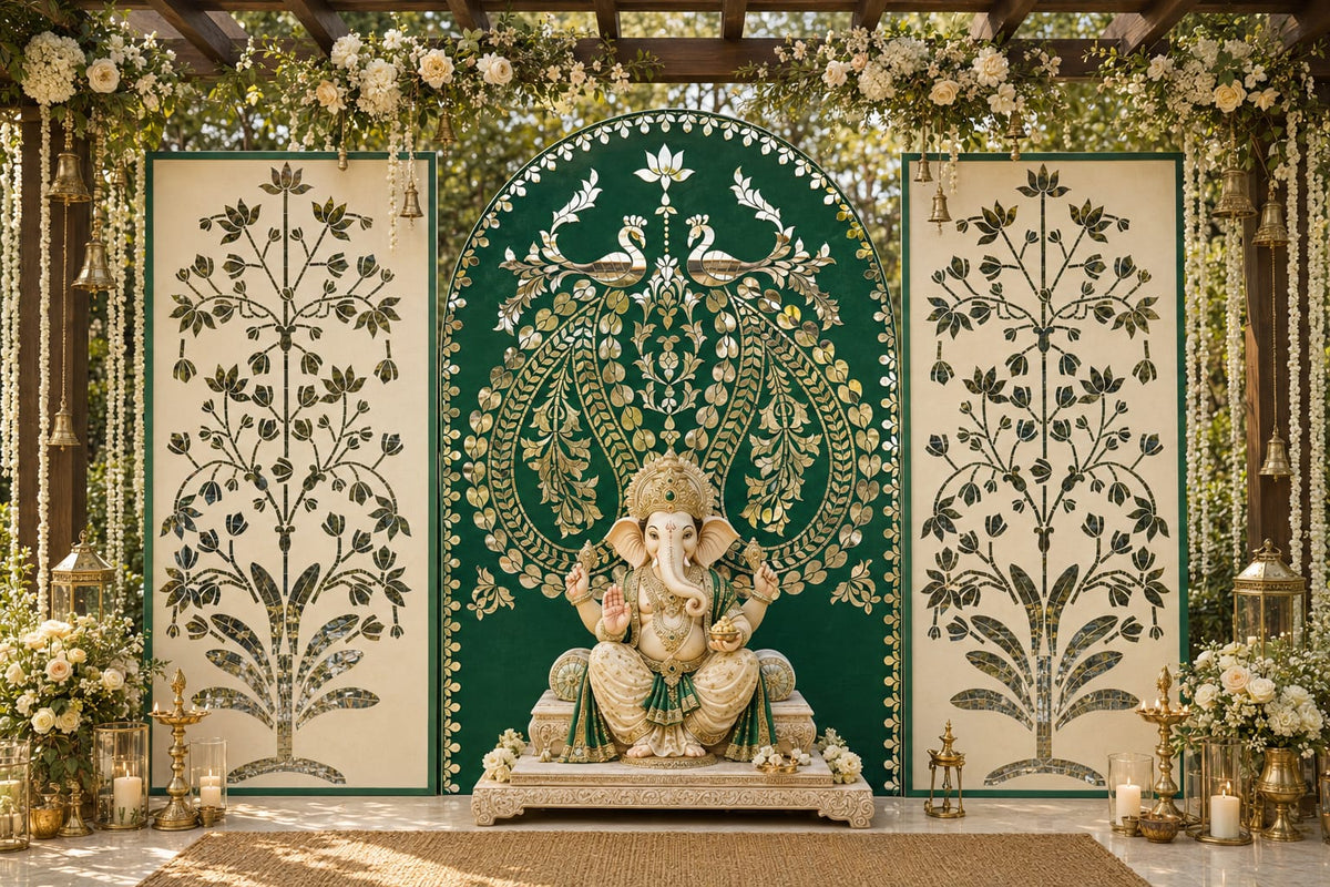 3 Panel Peacock Arch & Lotus Tree Mirror Backdrop Set (only mirror & stencil)-BAPS-26