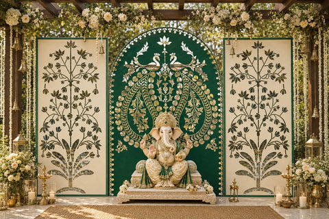 3 Panel Peacock Arch & Lotus Tree Mirror Backdrop Set (only mirror & stencil)-BAPS-26