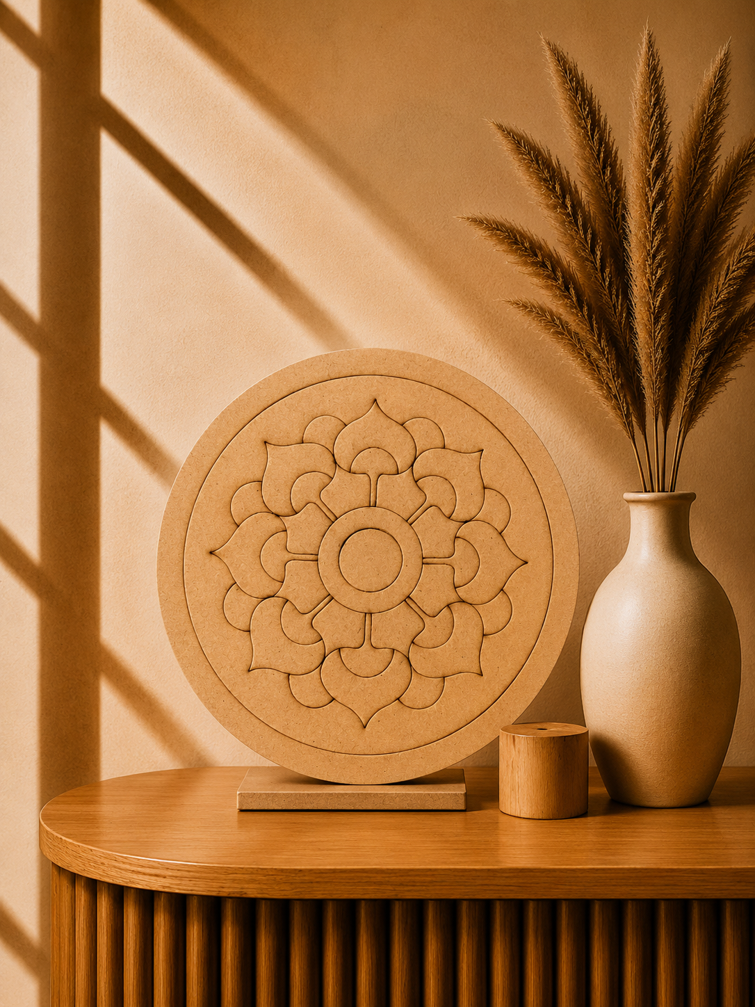 Round floral mandala MDF base with layered petal pattern for Lippan art, mandala painting, resin art, wall décor, and DIY craft projects.