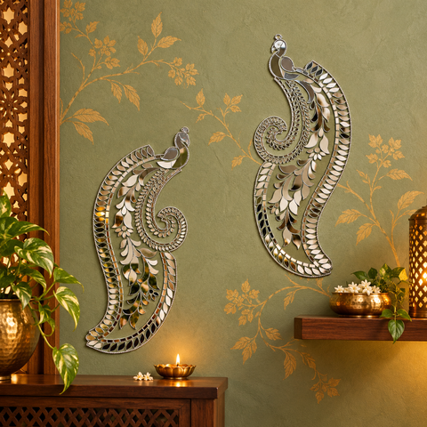 11.5 x 7 Inch Peacock Pair Mirror Patch | Decorative Mirror Design for Rangoli, Wall & Festive Décor  ST-105