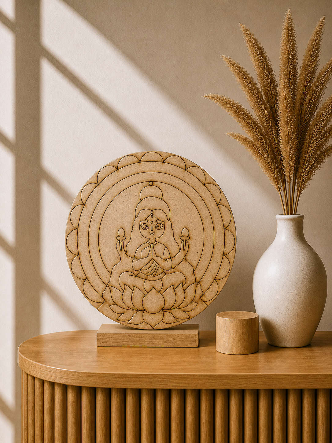 Round MDF Lakshmi Mata design board with lotus base pattern, perfect for Lippan art, spiritual wall décor, mirror work, and DIY craft projects.