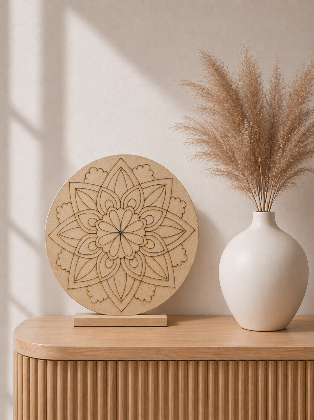 Round MDF premarked floral mandala design board with layered petal pattern, perfect for Lippan art, mirror work, rangoli decoration, and DIY wall craft projects.