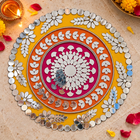 10 Inch Ready Made Round Mirror Rangoli on Transparent Sheet with Gold & Silver Ring Options ST-88