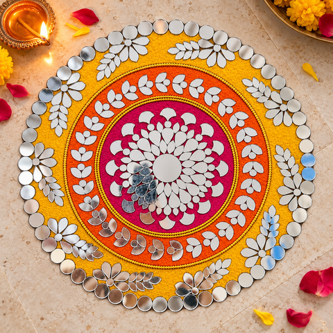 10 Inch Ready Made Round Mirror Rangoli on Transparent Sheet with Gold & Silver Ring Options ST-88