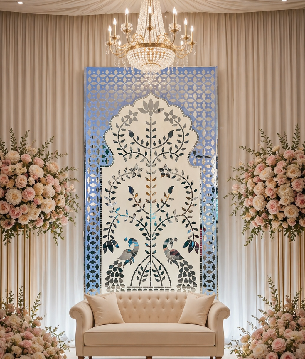 Elegant peacock mirror wall panel with intricate floral vine detailing and silver mirror artwork on a blue decorative background.
