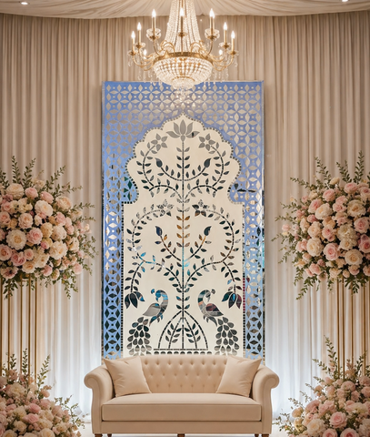 Elegant peacock mirror wall panel with intricate floral vine detailing and silver mirror artwork on a blue decorative background.
