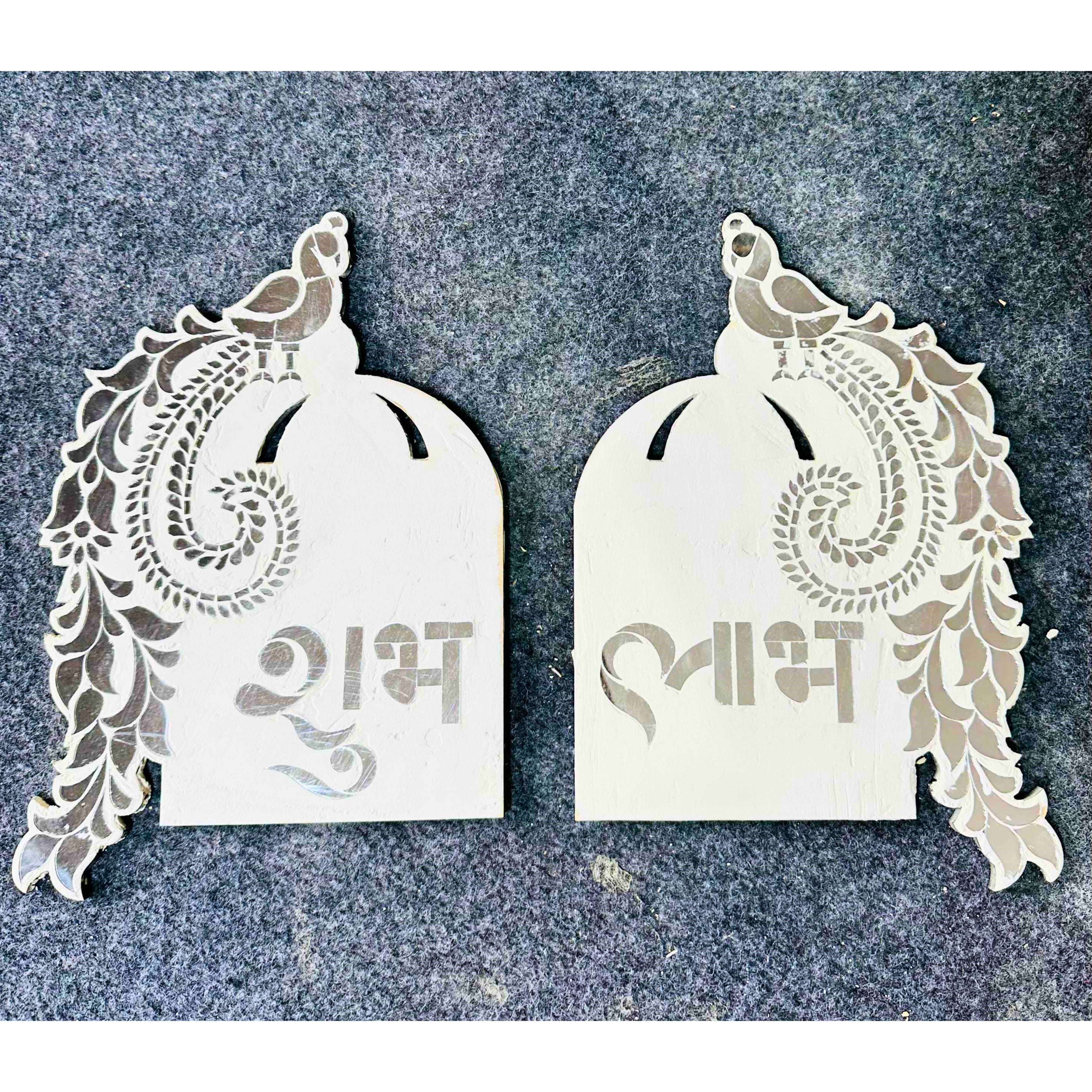 Shubh Labh peacock MDF wall hanging with silver mirror work and traditional decorative design for home entrance décor.