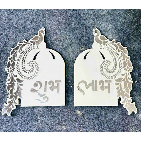 Shubh Labh peacock MDF wall hanging with silver mirror work and traditional decorative design for home entrance décor.